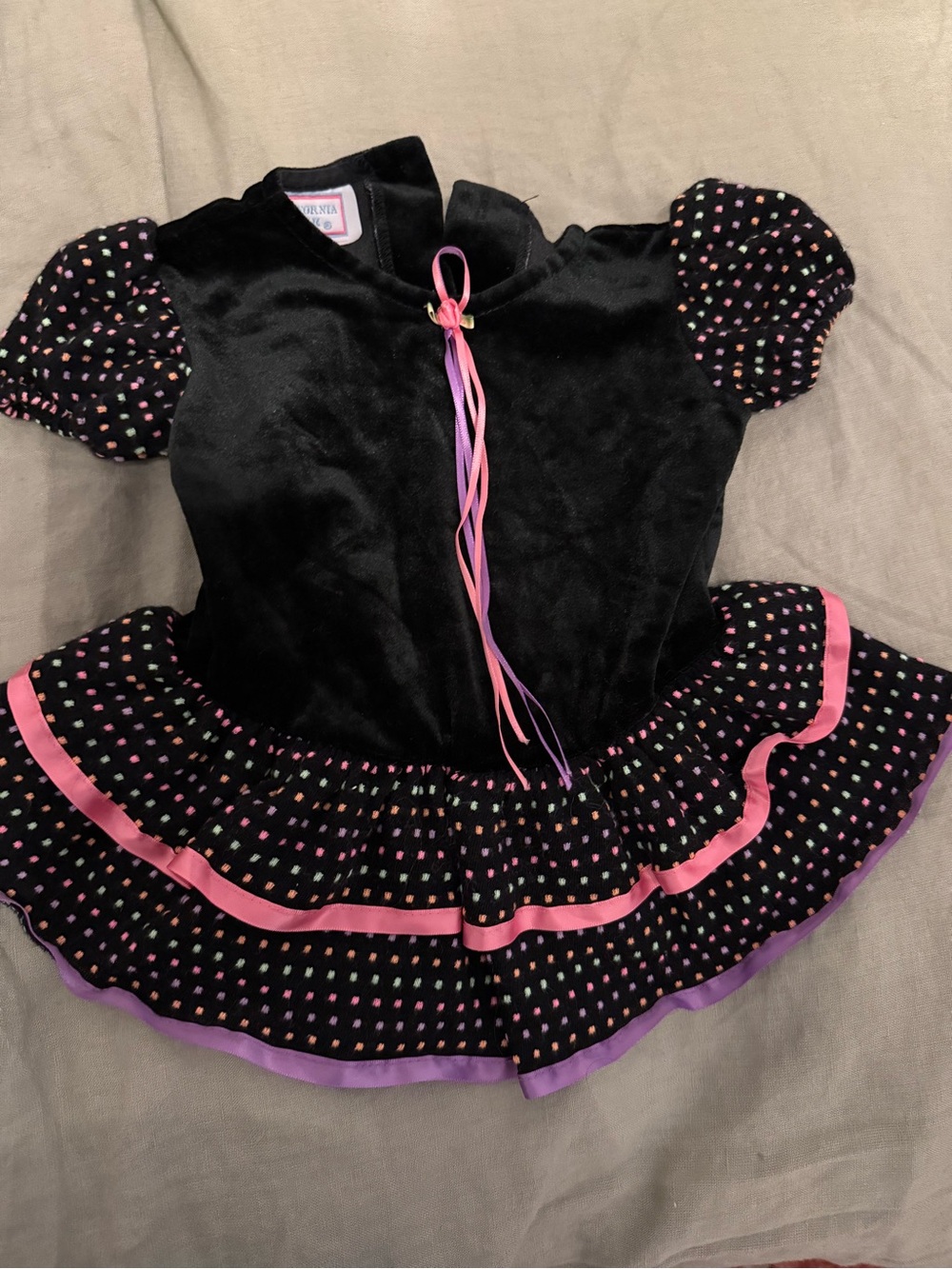 Vintage 1990s Kids Black Velvet Party Costume Dress with Pink & Purple Accents